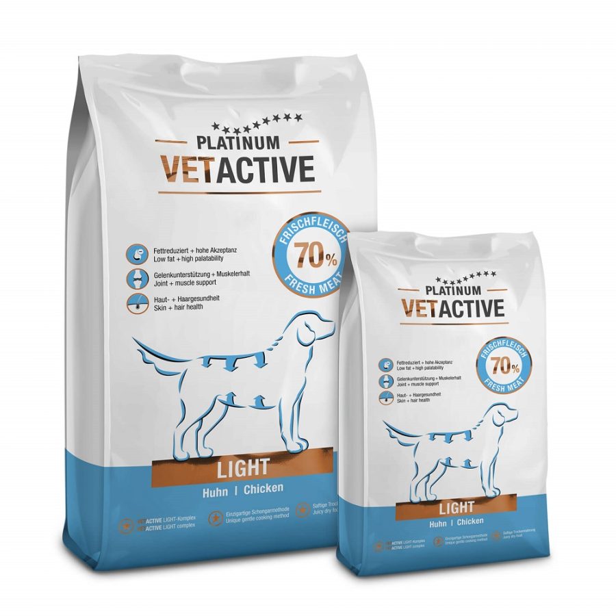 PLATINUM VETACTIVE LIGHT κλινική τροφή με 70% φρέσκο κοτόπουλο για παχύσαρκους σκύλους, χαμηλά λιπαρά, υποστήριξη αρθρώσεων και υγιές τρίχωμα