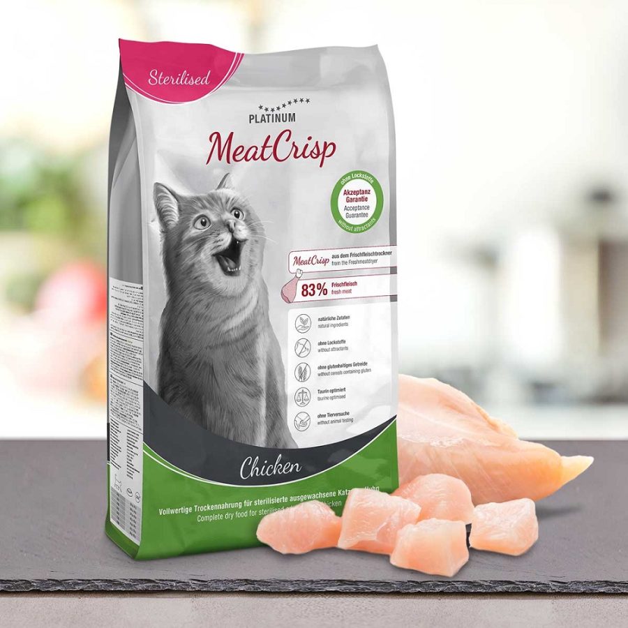 PLATINUM MEATCRISP STERILIZED CHICKEN ΑΠΟΞΗΡΑΜΕΝΗ ΞΗΡΑ ΤΡΟΦΗ ΓΙΑ ΣΤΕΙΡΩΜΕΝΕΣ ΓΑΤΕΣ ΜΕ 83% ΦΡΕΣΚΟ ΚΡΕΑΣ ΚΟΤΟΠΟΥΛΟΥ PLATINUM HELLAS