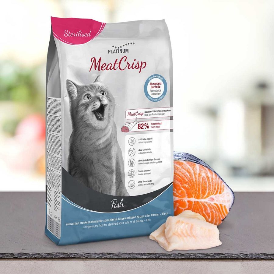 PLATINUM MEATCRISP STERILISED FISH ΑΠΟΞΗΡΑΜΕΝΗ ΞΗΡΑ ΤΡΟΦΗ ΓΙΑ ΣΤΕΙΡΩΜΕΝΕΣ ΓΑΤΕΣ ΜΕ 82% ΦΡΕΣΚΟ ΚΡΕΑΣ ΨΑΡΙΟΥ PLATINUM HELLAS